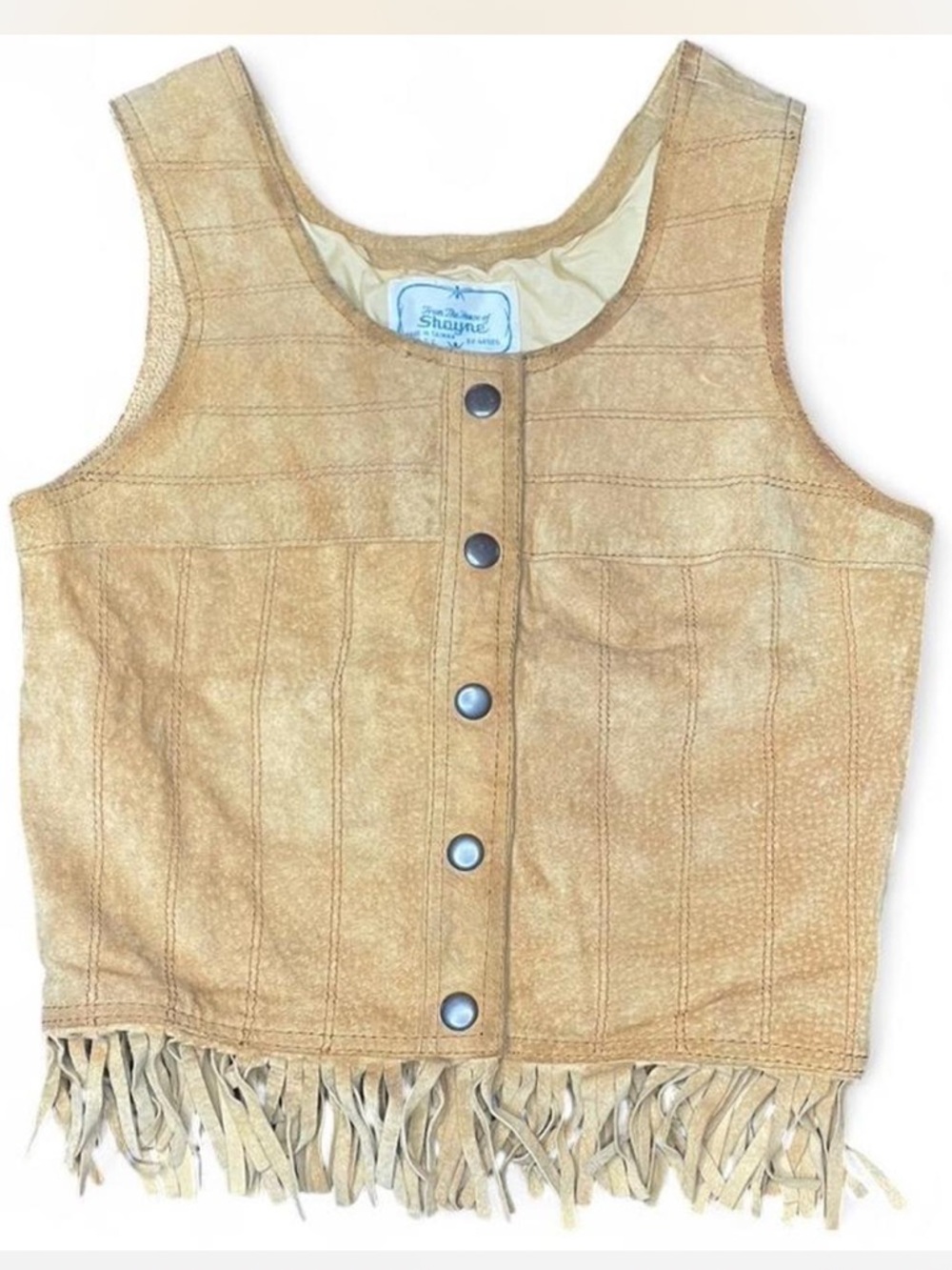 Vintage Leather Tan Button Up Vest With Fringe Hem Western / Coastal Cowgirl - 8